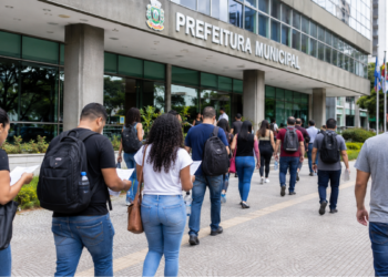 Candidatos caminham em direção à prefeitura municipal com documentos de concurso público para inscrições e provas em São Paulo.