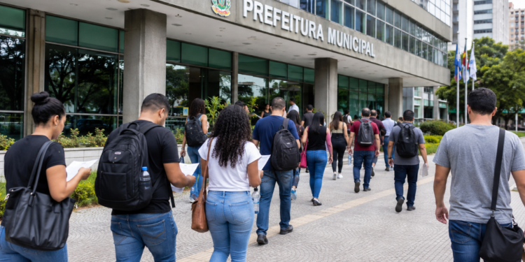 Candidatos caminham em direção à prefeitura municipal com documentos de concurso público para inscrições e provas em São Paulo.