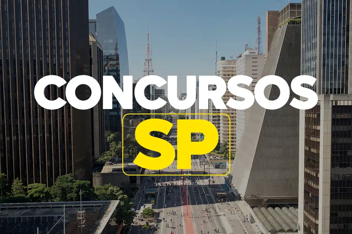 Concursos em São Paulo oferecem 223 vagas Vista da Avenida Paulista com a frase “Concursos SP”, ilustrando vagas abertas em prefeituras de São Paulo.