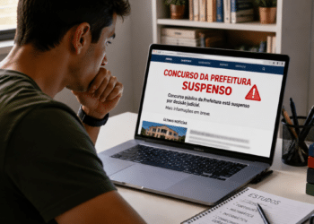 Candidato preocupado consulta no notebook a suspensão de concursos de prefeituras na Bahia e no Paraná.