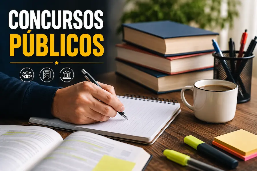 Concursos públicos 2026 Pessoa estudando e fazendo anotações para concursos públicos, representando o período de inscrições das seleções.