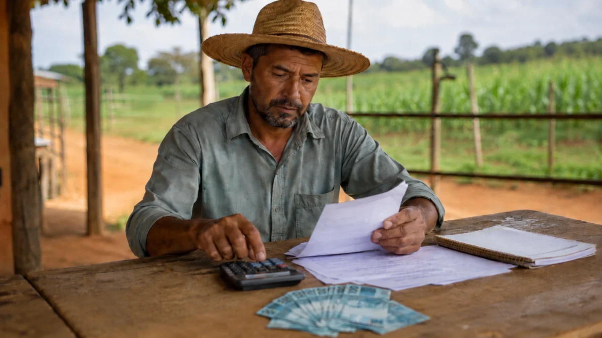 Agricultor analisa documentos e calcula valores em propriedade no campo, representando as condições do microcrédito rural.