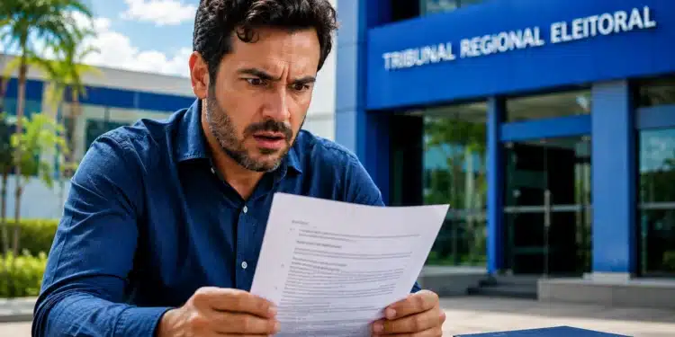Eleitor lê documento com expressão de preocupação, representando as consequências de não votar nas eleições de 2026.