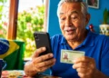 Aposentado consulta celular enquanto segura documento, em referência ao consignado do INSS, sem biometria facial