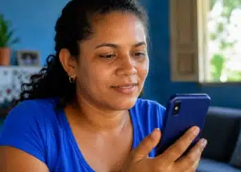 Mulher consulta pelo celular as informações da parcela de agosto do Bolsa Família.