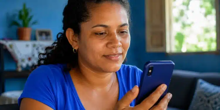 Mulher consulta pelo celular as informações da parcela de agosto do Bolsa Família.