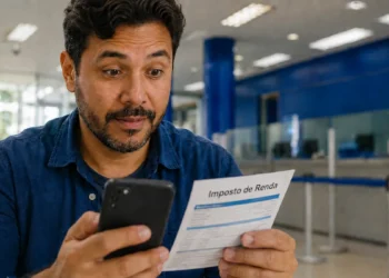Pessoa consulta informações da restituição do Imposto de Renda 2026 usando celular e documento.