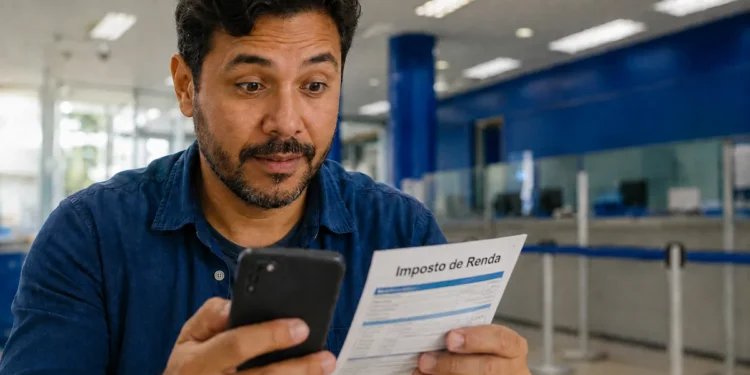 Pessoa consulta informações da restituição do Imposto de Renda 2026 usando celular e documento.