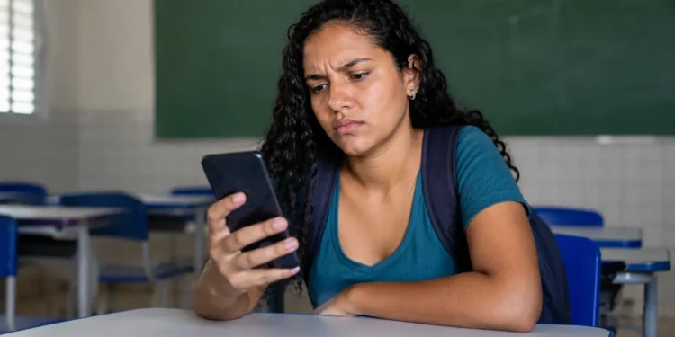 Estudante consulta informações sobre o pagamento do programa Pé-de-Meia pelo celular em sala de aula
