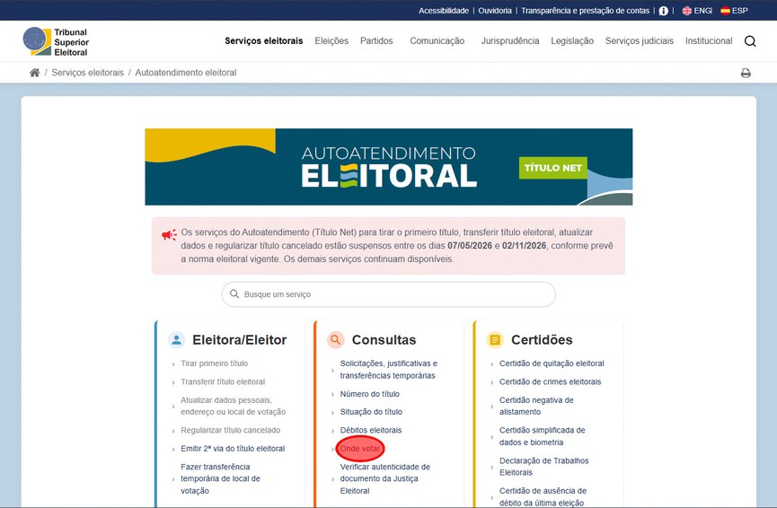 Captura de tela da página de Autoatendimento Eleitoral do Tribunal Superior Eleitoral, com a opção Onde votar destacada em vermelho dentro da coluna de consultas.