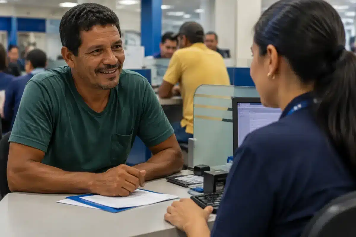 Trabalhador recebe atendimento em banco, representando a contratação do Desenrola Adimplentes para trabalhadores informais.