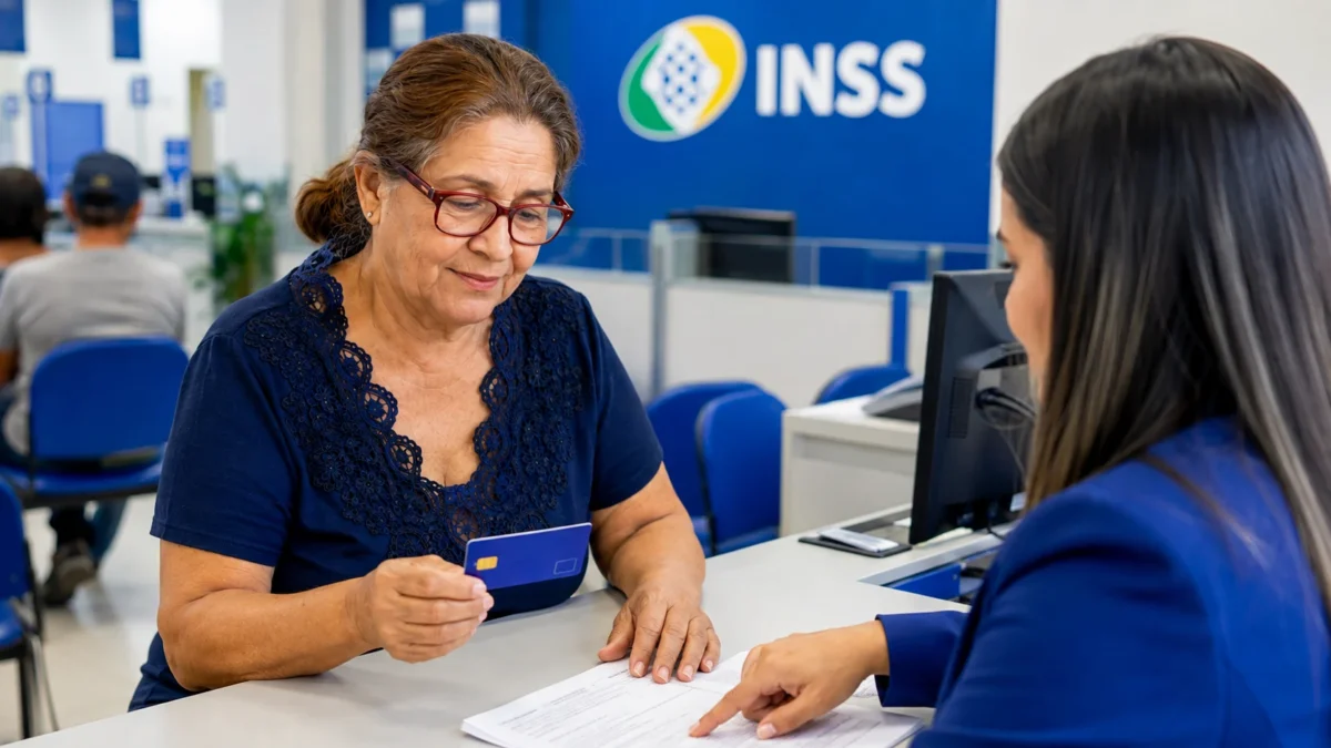 Segurada do INSS apresenta cartão durante atendimento para contratação de antecipação do benefício