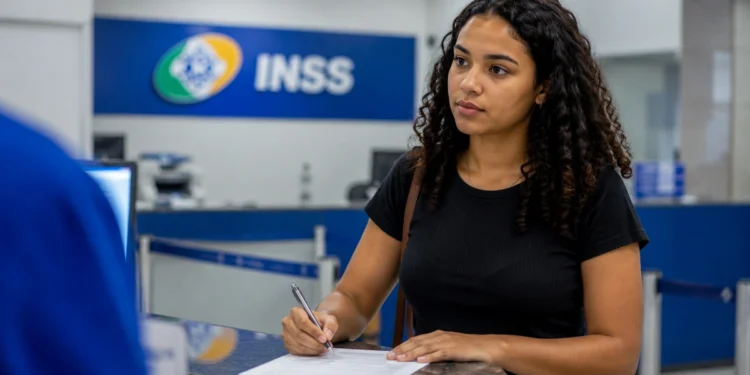 Estagiária preenche formulário em uma unidade do INSS para iniciar contribuição previdenciária.