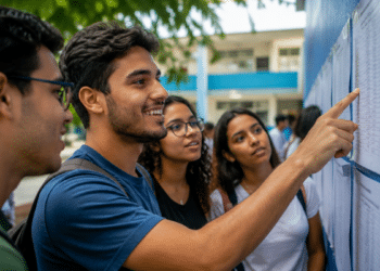 Jovens conferem lista de aprovados afixada em mural após divulgação da 4ª convocação da primeira edição do CNU.