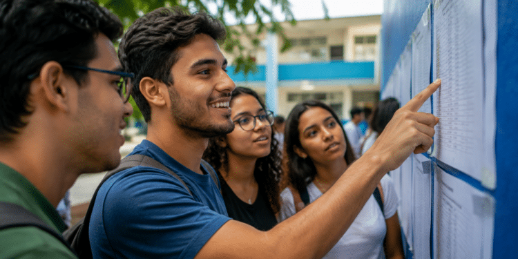 Jovens conferem lista de aprovados afixada em mural após divulgação da 4ª convocação da primeira edição do CNU.