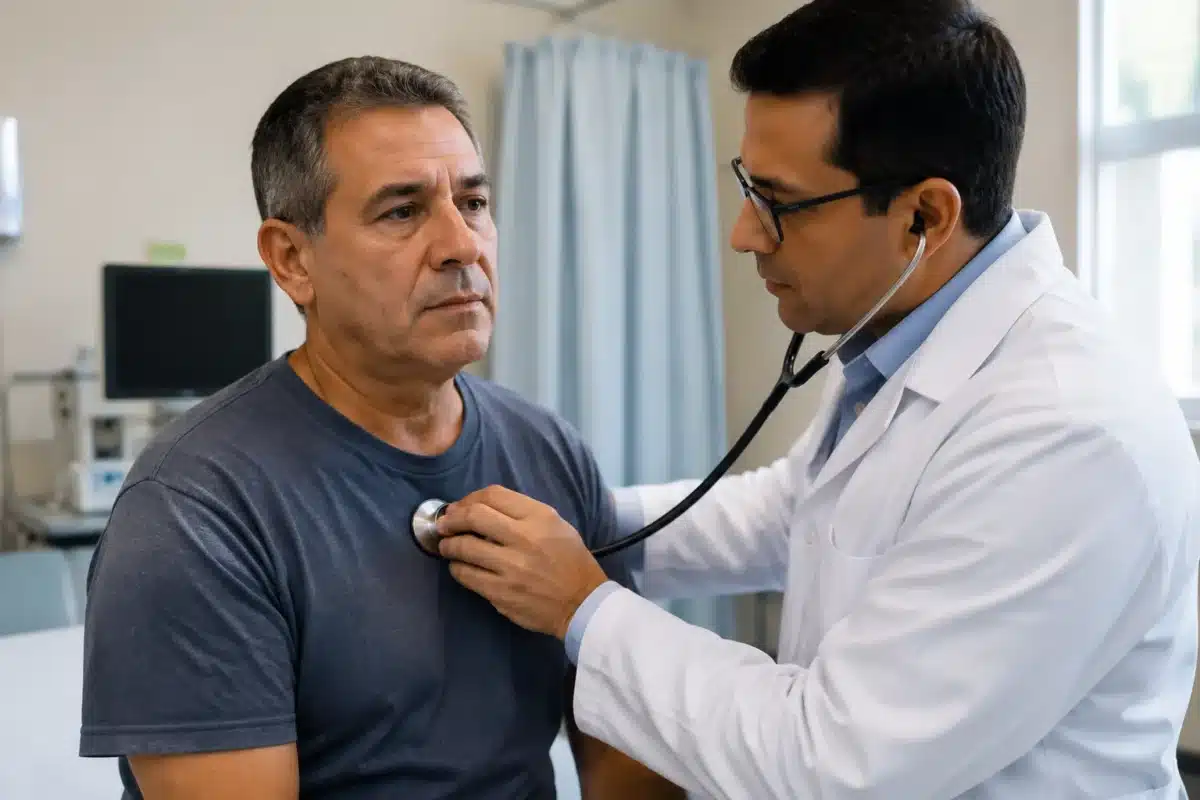 Médico realiza avaliação clínica de paciente para análise de gravidade e evolução aguda de condição de saúde