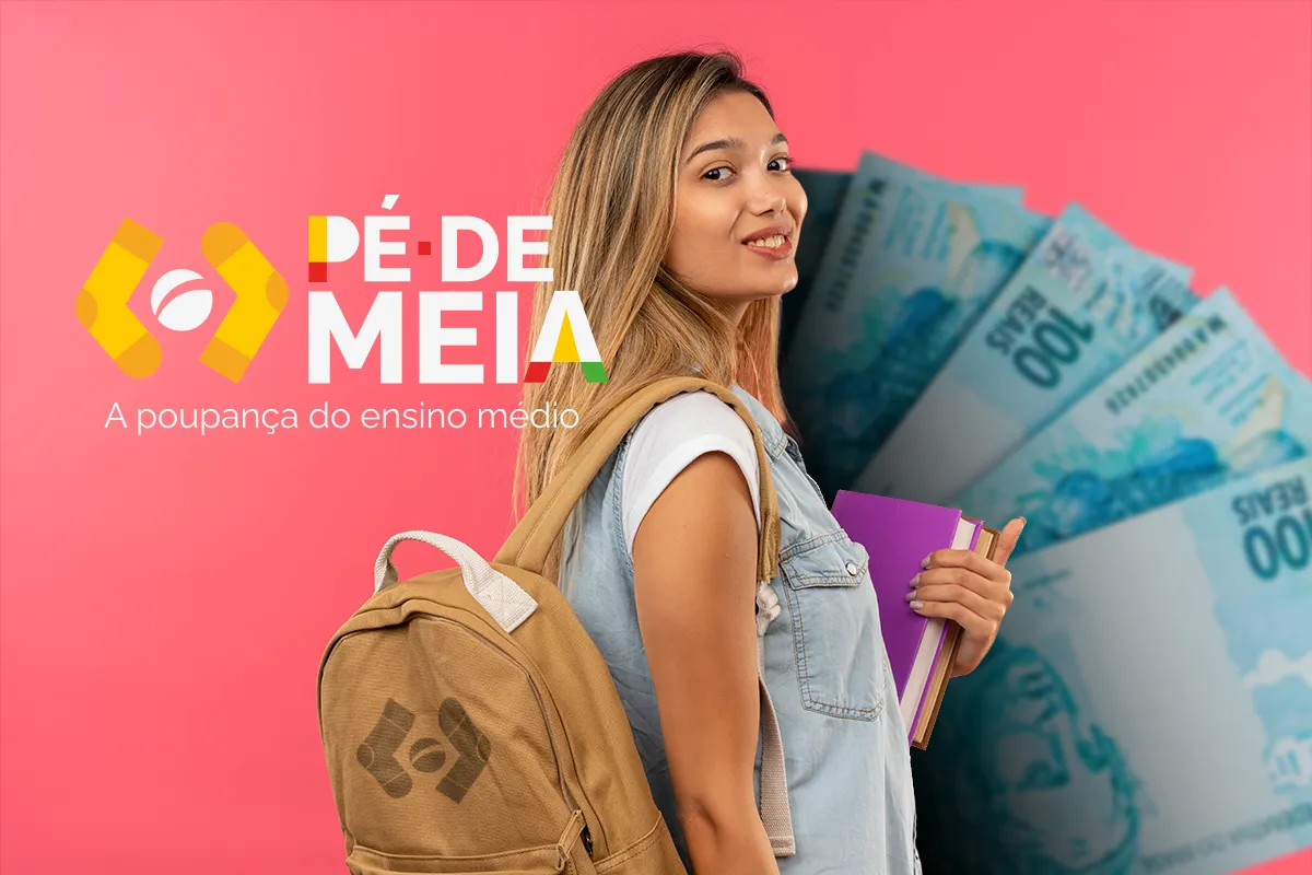 Estudante com materiais escolares, logo do Pé-de-Meia ao lado e cédulas de dinheiro representando os critérios de recebimento do benefício.