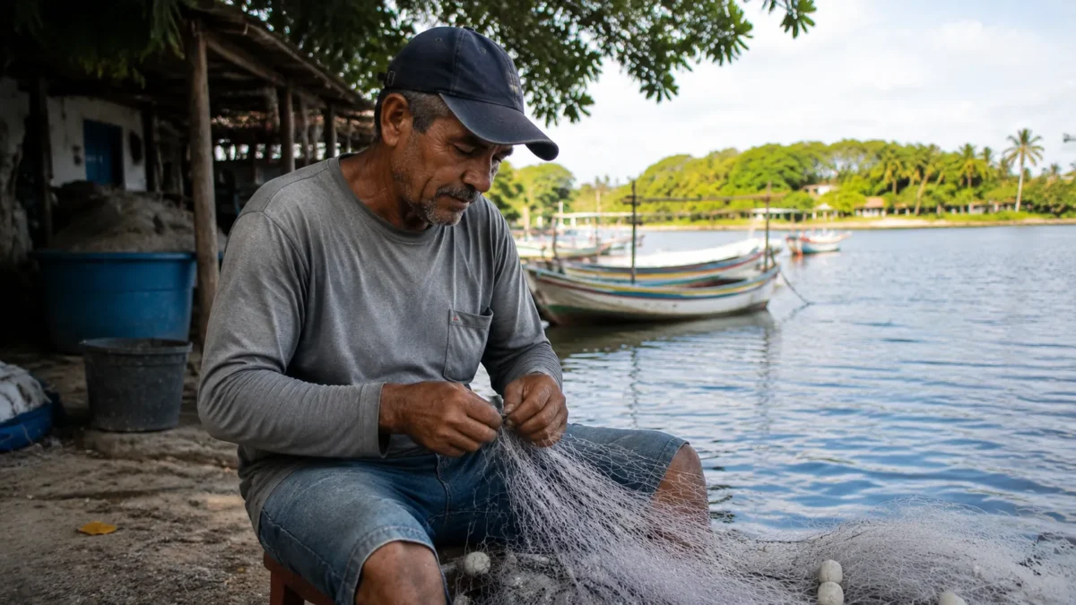 Pescador artesanal sentado próximo ao rio realizando reparo em rede de pesca, representando os critérios para receber o seguro-defeso