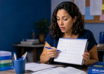 Candidata consulta calendário com expressão de surpresa, representando as mudanças no cronograma da 1ª etapa do Revalida 2026/2.