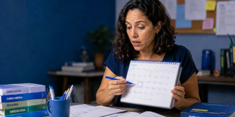 Candidata consulta calendário com expressão de surpresa, representando as mudanças no cronograma da 1ª etapa do Revalida 2026/2.