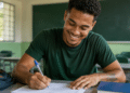 Jovem participa de atividade de capacitação em sala de aula com material de estudo.