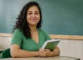 Professora da rede pública segura livros em sala de aula, representando as vagas em cursos de mestrado destinadas à qualificação docente.