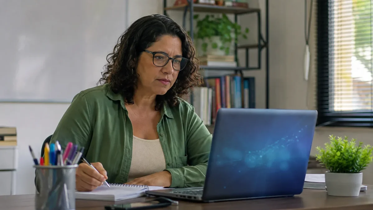 Professora utiliza notebook durante formação sobre inteligência artificial no ambiente educacional