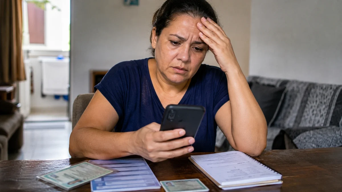 Mulher observa o celular com expressão de preocupação, representando o uso de dados pessoais em golpe com falsa renegociação de dívidas.