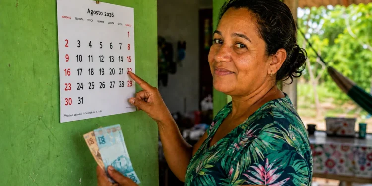 Mulher aponta para calendário de agosto enquanto segura dinheiro, representando as datas de pagamento do Bolsa Família por NIS.