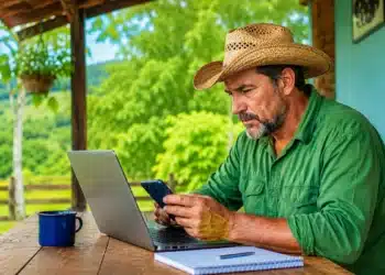 Produtor rural consulta pelo celular a declaração do imposto sobre imóvel rural para envio pela internet.