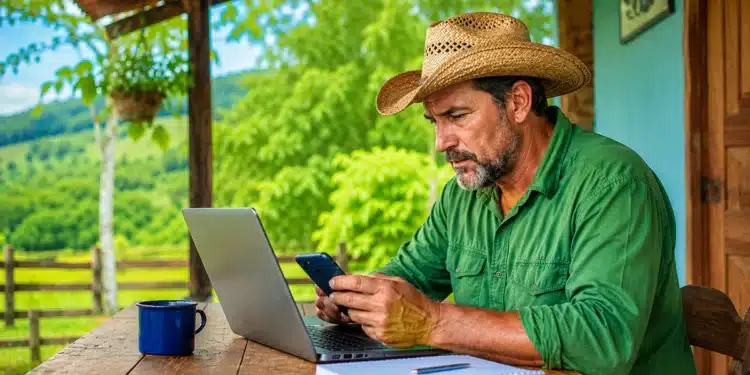 Produtor rural consulta pelo celular a declaração do imposto sobre imóvel rural para envio pela internet.