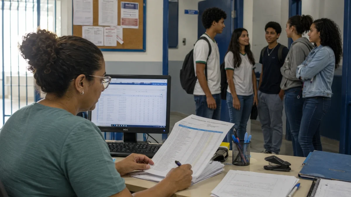 Profissional da escola analisa dados de estudantes para participação no Pé-de-Meia.