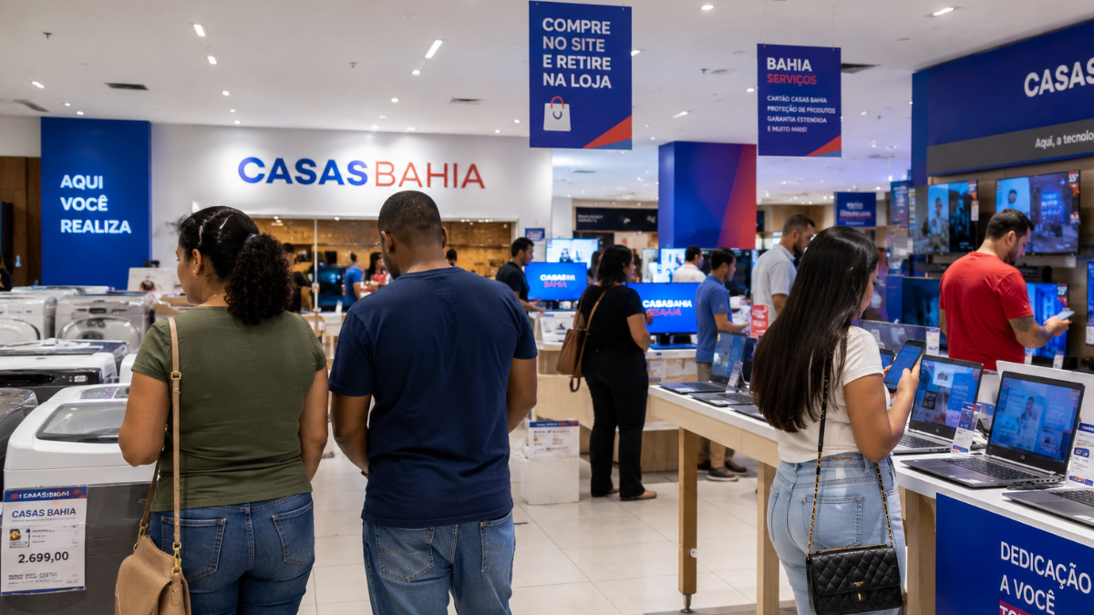 Clientes circulam e observam eletrodomésticos e eletrônicos dentro de uma loja das Casas Bahia.