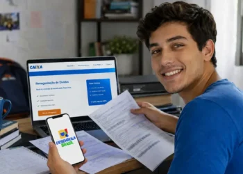 Jovem consulta renegociação de dívidas do Novo Desenrola Brasil pelo celular e computador.