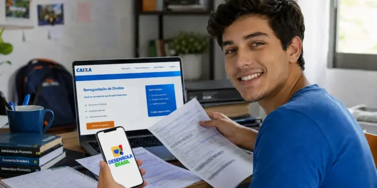 Jovem consulta renegociação de dívidas do Novo Desenrola Brasil pelo celular e computador.