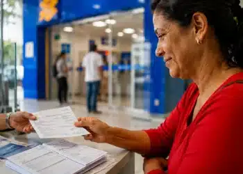 Mulher recebendo documentos durante atendimento bancário, representando o público apto à renegociação de dívidas pelo Desenrola Adimplentes.