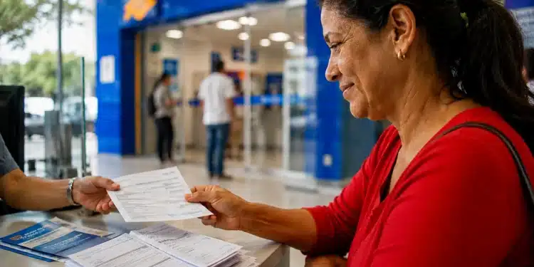 Mulher recebendo documentos durante atendimento bancário, representando o público apto à renegociação de dívidas pelo Desenrola Adimplentes.