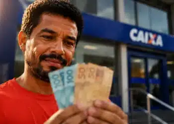 Trabalhador informal segura notas de real em frente a uma agência bancária, representando o acesso ao crédito pelo Desenrola Adimplentes.
