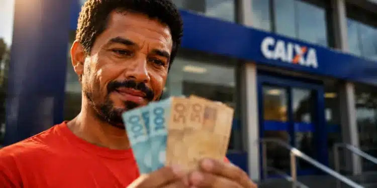 Trabalhador informal segura notas de real em frente a uma agência bancária, representando o acesso ao crédito pelo Desenrola Adimplentes.
