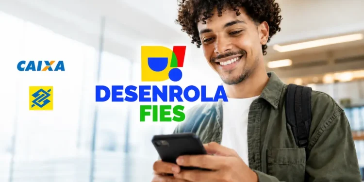 Jovem utilizando celular com destaque para o programa Desenrola Fies e os agentes financeiros Caixa Econômica Federal e Banco do Brasil.