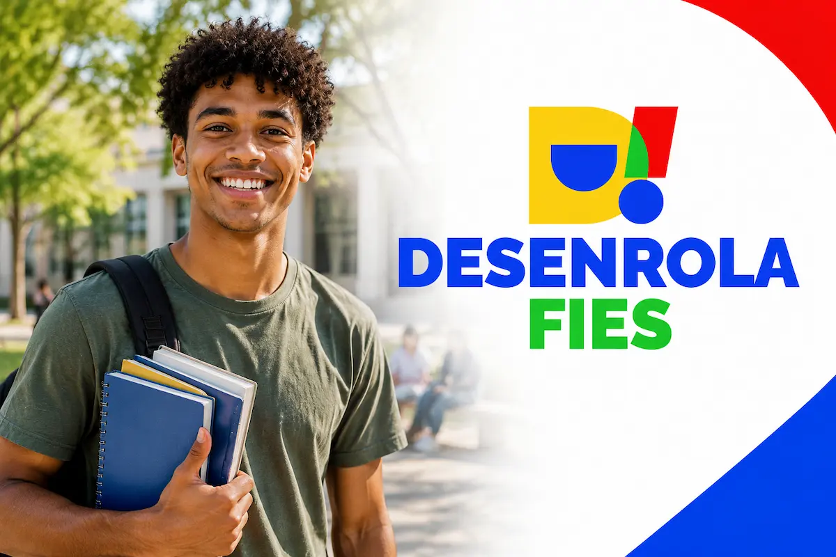 Estudante com mochila e materiais escolares representando a renegociação do Desenrola Fies e regularização de contratos.