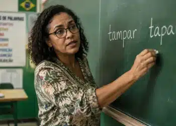 Professora de língua portuguesa em sala de aula com as palavras “tampar” e “tapar” escritas no quadro, destacando a diferença de significado entre os termos.