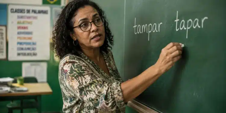 Professora de língua portuguesa em sala de aula com as palavras “tampar” e “tapar” escritas no quadro, destacando a diferença de significado entre os termos.