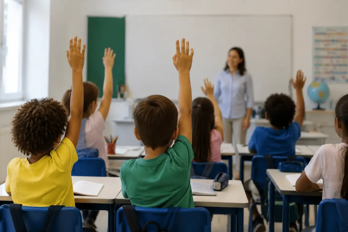 Crianças participam de aula em escola com professora ao fundo, representando o direito à educação