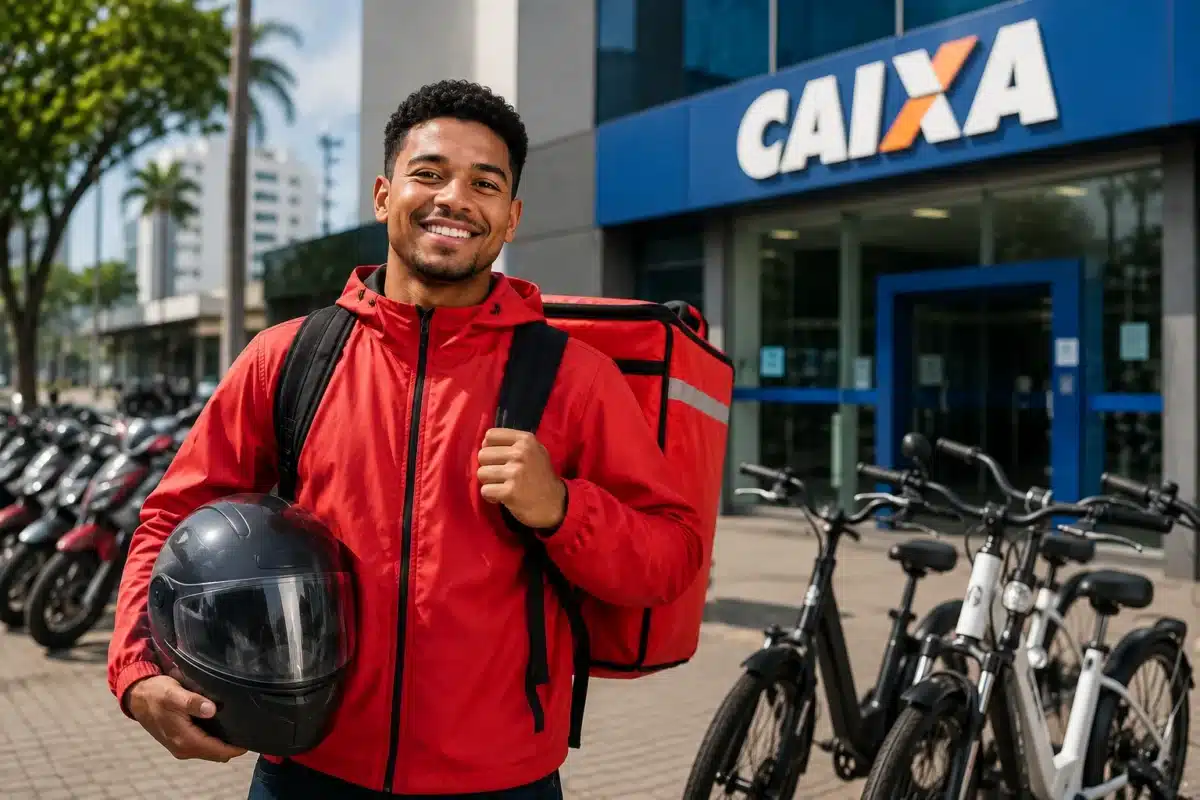 Financiamento da Caixa com o iFood - Entregadores e mototaxistas Entregador cadastrado no iFood segura um capacete diante de uma agência da Caixa, com motos e bicicletas elétricas ao redor.