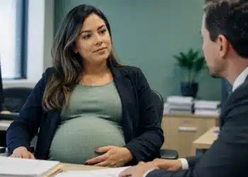 Gestante conversa com profissional em escritório, representando os direitos trabalhistas garantidos durante a gravidez.