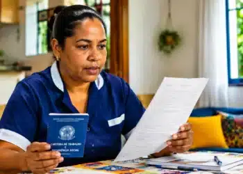 Trabalhadora doméstica consulta documentos sobre FGTS, horas extras e férias em ambiente residencial.
