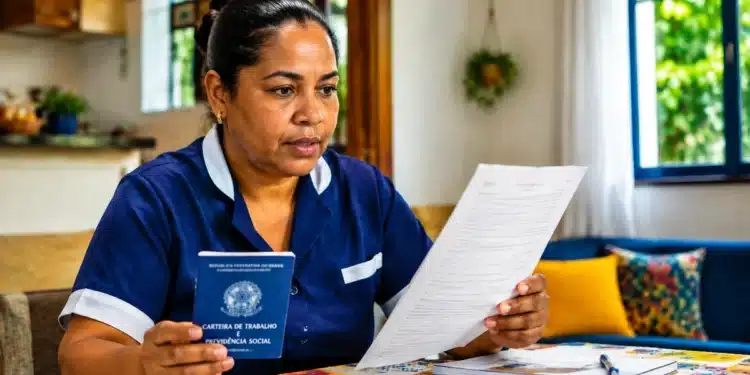 Trabalhadora doméstica consulta documentos sobre FGTS, horas extras e férias em ambiente residencial.