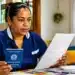 Trabalhadora doméstica consulta documentos sobre FGTS, horas extras e férias em ambiente residencial.