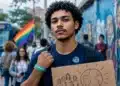 Jovem segura cartaz sobre cidadania em espaço urbano durante representação do Dia Nacional dos Direitos Humanos.